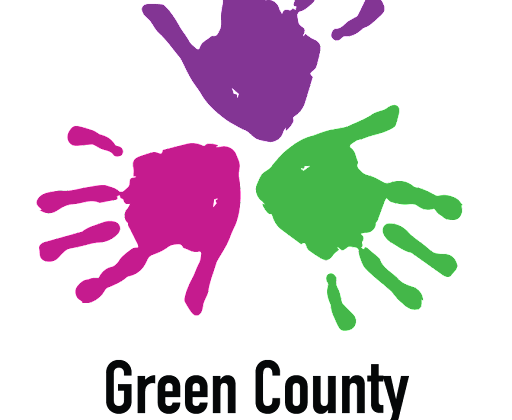 Green County Child Advocacy Logo featuring three colorful hand prints